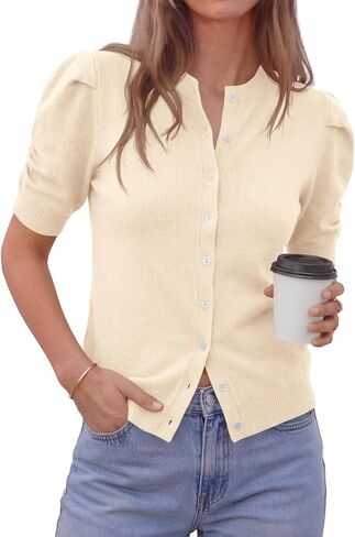 Saodimallsu Womens Puff Short Sleeve Cardigan Sweater Lightweight Knit Spring Summer Crew Neck Button Down Tops in Saudi Arabia