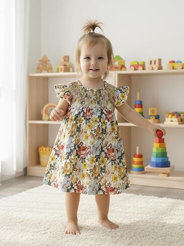 Baby Toddler Girls Floral Dress Ruffle Smocked Sleeveless A-Line Breathable for Summer Picnic Outfits in Saudi Arabia