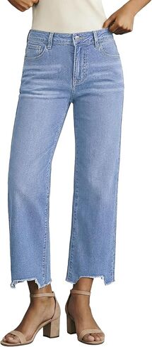 luvamia Straight Leg Jeans for Women Cropped Trendy Mid Rise Baggy Loose Distressed Casual Raw Hem Stretchy Denim Pants in Saudi Arabia