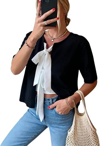 Bow Tie Front Cardigan Sweaters for Women 2025 Fall Short Sleeve Crewneck Knit Tops Cute Going Out Outfits in Saudi Arabia