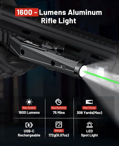 مصباح يدوي بندقية EZshoot 1600 لومن، مجموعة ليزر AR Light للبندقية، ضوء بندقية LED من الألومنيوم المؤكسد متوافق مع M-Rail وPicatinny، مصباح سلاح منخفض المستوى قابل لإعادة الشحن عبر USB in Saudi Arabia