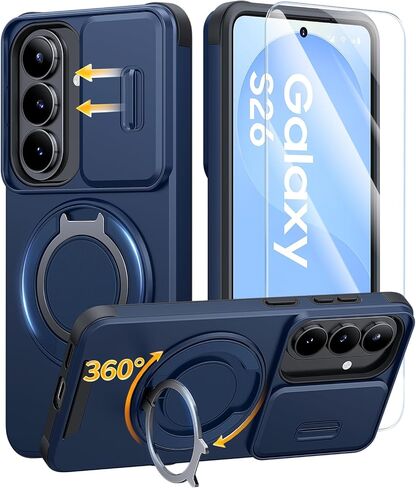 حافظة JAME لهاتف Samsung Galaxy A17/A16 5G، حامل حلقي، غطاء كاميرا منزلق، قطعتان من واقيات الشاشة، حماية مزدوجة الطبقات مقاومة للصدمات، حافظة مغناطيسية صديقة لهاتف Galaxy A16/A17 4G، أسود in Kuwait