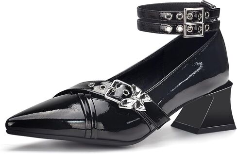 حذاء نسائي بكعب ماري جين مكتنز منخفض مع شريط للكاحل وفيونكة قوطية حذاء بمقدمة مدببة من الجلد اللامع in Kuwait