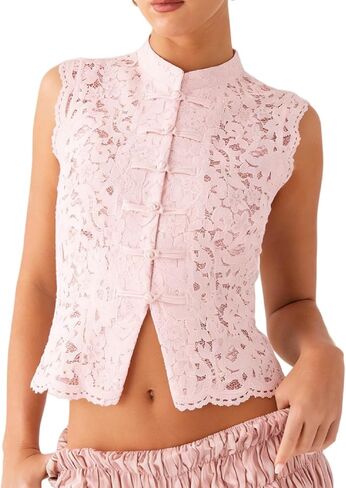 Sheer Lace Tank Top Mock Neck Frog Button Mandarin Collar Shirt Sleeveless Coquette Vintage Going Out Y2k Tops in Saudi Arabia