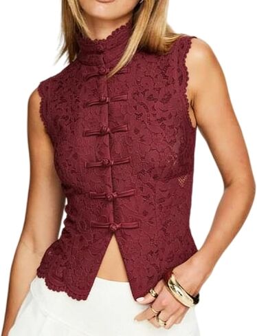 Sheer Lace Tank Top Mock Neck Frog Button Mandarin Collar Shirt Sleeveless Coquette Vintage Going Out Y2k Tops in Saudi Arabia