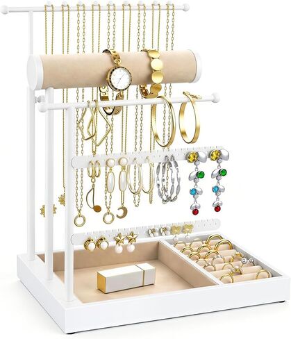 Emibele Necklace Holder Jewelry Organizer Stand, Jewelry Organizers and Storage Holder for Necklace Bracelet Earrings, with Velvet Ring Tray, Elegant Jewelry Stand Tower Gifts for Women, White&Gold in Saudi Arabia