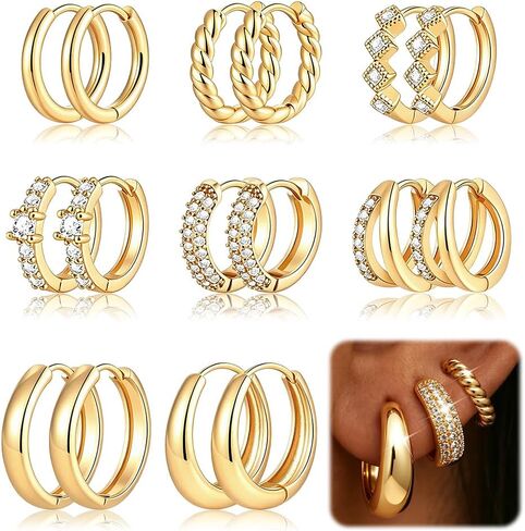 8 Pairs Gold Hoop Earrings for Women, 14K Gold Plated Hypoallergenic Thick and Lightweight Chunky Hoop, Jewelry Gift Set in Saudi Arabia