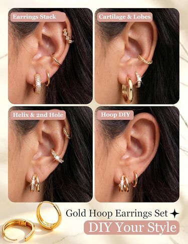8 Pairs Gold Hoop Earrings for Women, 14K Gold Plated Hypoallergenic Thick and Lightweight Chunky Hoop, Jewelry Gift Set in Saudi Arabia