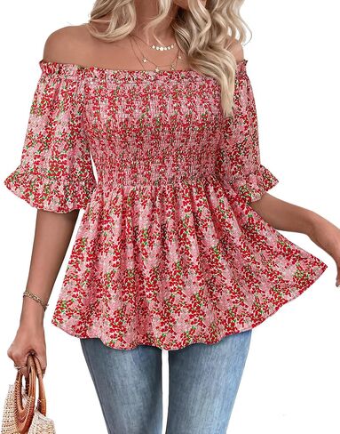 Off The Shoulder Peplum Blouses for Women Dressy Casual Smocked Summer Tops Boho Vacation in Saudi Arabia