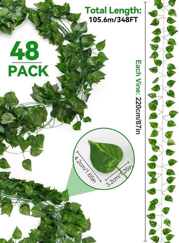 Kalolary 174FT Artificial Ivy Garland, 24 Pack Scindapsus Leaf Fake Vines Plants Garland Hanging Aesthetic Plants Greenery Green Leaves for Wedding Bedroom Garden Party Office Wall Outdoor Decoration in Saudi Arabia