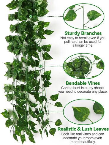 Kalolary 174FT Artificial Ivy Garland, 24 Pack Scindapsus Leaf Fake Vines Plants Garland Hanging Aesthetic Plants Greenery Green Leaves for Wedding Bedroom Garden Party Office Wall Outdoor Decoration in Saudi Arabia