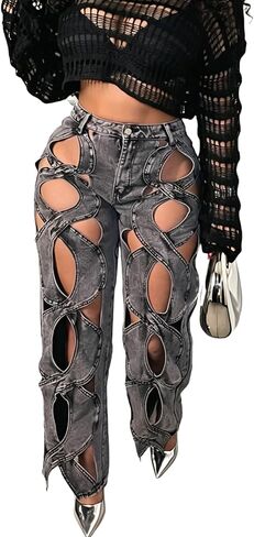 بنطلون جينز نسائي مفرغ من Vaceky Y2K بخصر عالٍ وساق مستقيمة وقابلة للتمدد للصيف من قماش الدنيم in Kuwait