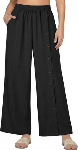 EVALESS Womens Wide Leg Pants Summer Casual Baggy Elastic High Waisted Palazzo Beach Vacation Slacks Trousers with Pockets in Saudi Arabia