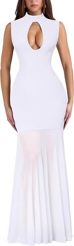 Women's Mesh Sheer Sleeveless Long Dress Mock Neck Bodycon Flowy Cocktail Party Maxi Dress in Saudi Arabia