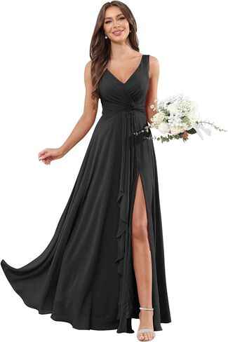 Chiffon Bridesmaid Dresses for Women Ruffle Sleeveless A Line Long Formal Evening Gown with Pockets in Saudi Arabia