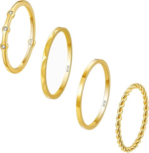WEDDINEN S925 خواتم ذهبية من الفضة الإسترلينية للنساء غير مشوهة، 4 قطع قابلة للتكديس مطلية بالذهب عيار 18 قيراط مجموعة خواتم إبهام رفيعة مكعب زركونيا أنيقة مكدسة خواتم مفصل ذهبية مقاس 6-10 in Kuwait