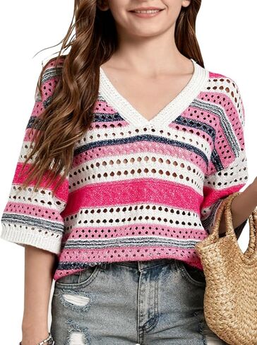 Girls Spring Summer Tops 3/4 Short Sleeve Cover Up Trendy Sweaters Crochet V Neck Striped Hollow Out Teen Coverup in Kuwait