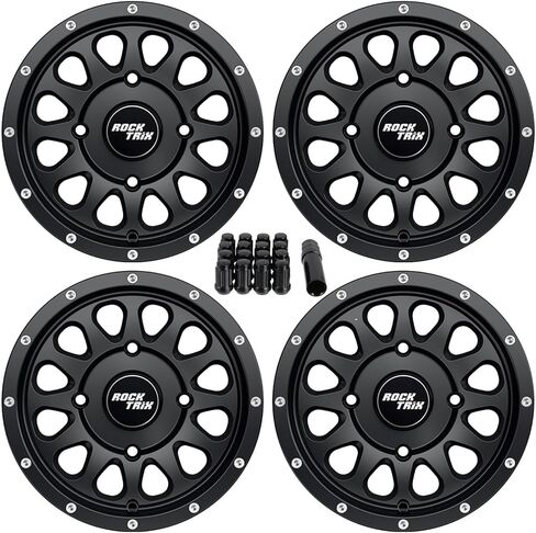 إطارات عجلات RockTrix RT111 مقاس 14 بوصة ATV مقاس 14x7 باللون الأسود 4x137، 4+3 إزاحة، تتضمن صواميل عروة 10x1.25، متوافقة مع Bombardier Can-Am Maverick Commander Renegade Outlander 4/137 (مجموعة من 4) in Saudi Arabia