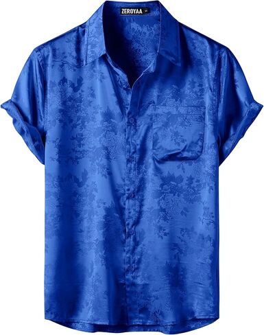 ZEROYAA Men's Shiny Luxury Silk Satin Floral Jacquard Short Sleeve Button Down Shirt for Party Prom in Saudi Arabia