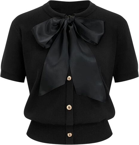 Yeokou Women's Satin Bow Short Sleeve Knit Cardigan Metal Button Crew Neck Casual Sweater Top for Office Casual Daily in Saudi Arabia