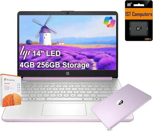 كمبيوتر محمول HP 14 خفيف للغاية للطلاب والمنزل (14 بوصة LED، مكتب 365 لمدة عام، Intel 4-Core N150 (>N4120)، ذاكرة وصول عشوائي 4 جيجابايت، تخزين 256 جيجابايت (128 جيجابايت + 128 جيجابايت SD)) عمر بطارية طويل 11 ساعة، كاميرا ويب، شحن سريع، ويندوز 11 S in Saudi Arabia