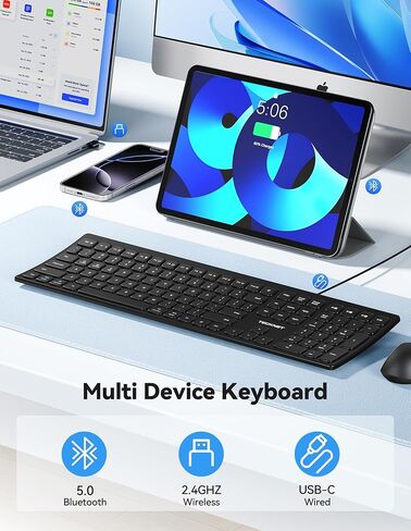 TECKNET Bluetooth Wireless Rechargeable Keyboard, Multi Device Free Switching (BT5.0+2.4G+Wired), Quiet Typing, Ultra-Slim Full Size with Numpad for Mac/Windows/Android/Desktop/PC, Stable Connection in Saudi Arabia