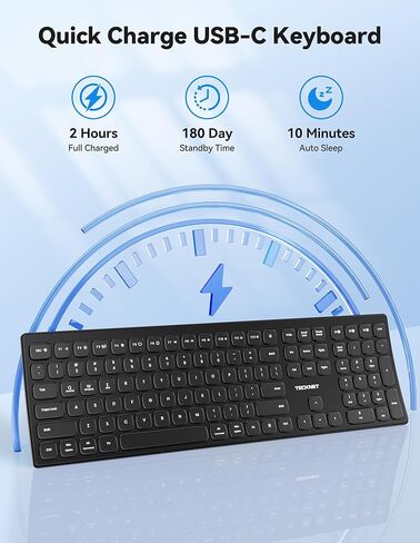 TECKNET Bluetooth Wireless Rechargeable Keyboard, Multi Device Free Switching (BT5.0+2.4G+Wired), Quiet Typing, Ultra-Slim Full Size with Numpad for Mac/Windows/Android/Desktop/PC, Stable Connection in Saudi Arabia