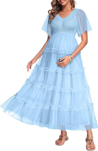 Maternity Photoshoot Dress-Baby Shower 2026 Pregnancy Summer Maxi Flutter Sleeve Mesh Dress in Saudi Arabia