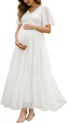 Maternity Photoshoot Dress-Baby Shower 2026 Pregnancy Summer Maxi Flutter Sleeve Mesh Dress in Saudi Arabia