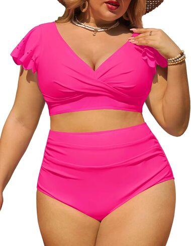 Womens Plus Size Two Piece Bikini Swimsuits Tummy Control Bathing Suits Retro V Neck Cutout Ruffled Swimwear 2026 in Saudi Arabia