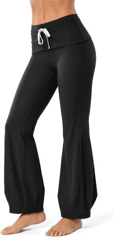 Women's Fold-Over Flare Yoga Pants - High Waist Drawstring Tummy Control Leggings for Pilates, Gym, Lounge & Daily Wear in Saudi Arabia