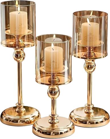 Gold Hurricane Candle Holders - Set of 3 Tall Candlestick Holders Windproof Taper Candle Holders, Metal Stand for Table Centerpiece Outdoor Indoor Wedding Party Holiday Decor in Saudi Arabia