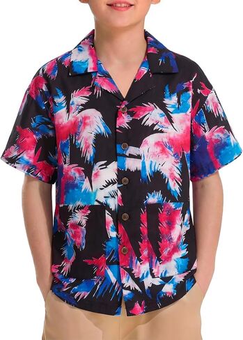 Haloumoning Boys Hawaiian Short Sleeve Button Down Shirt Kids Summer Print Beach Dress Shirts with Pockets 5-14Y in Saudi Arabia