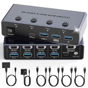 HDMI KVM Switch 4 Computers 1 Monitor, 8K@60Hz HDMI KVM Switcher Share Keyboard,Mouse for Office with 3 USB 3.0+1 USB-C Ports,EDID/HDCP Adaptive,4 USB Cables and Desktop Controller Included in Kuwait