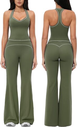 Womens Workout Set Two Piece Racerback Color Block Tank Top Matching High Waist Leggings Gym Pilates Outfits in Saudi Arabia