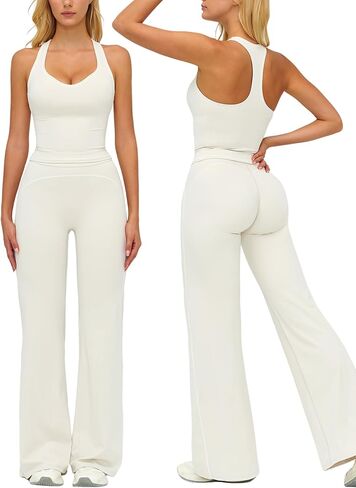 Womens Workout Set Two Piece Racerback Color Block Tank Top Matching High Waist Leggings Gym Pilates Outfits in Saudi Arabia