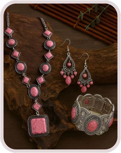 Turquoise Jewelry Set, Silver Pink Vintage Western Boho Pendant Necklace Waterproof Hypoallergenic Non Tarnish Dangle Earring Statement Dainty Goth Bangle Bracelet Holiday Jewelry Set For Women in Saudi Arabia