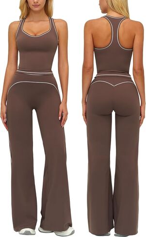 Womens Workout Set Two Piece Racerback Color Block Tank Top Matching High Waist Leggings Gym Pilates Outfits in Saudi Arabia