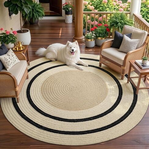 سجادة ديكسي مستديرة من الجوت مصنوعة من الألياف الطبيعية مقاس 6 × 6، سجاد منطقة منسوجة مضفرة بدون تساقط، سجادة سجادة ريفية محايدة ناعمة كبيرة للأماكن الداخلية والخارجية وغرفة الطعام وغرفة المعيشة وغرفة النوم والمزرعة، 6 أقدام، بيج in Kuwait