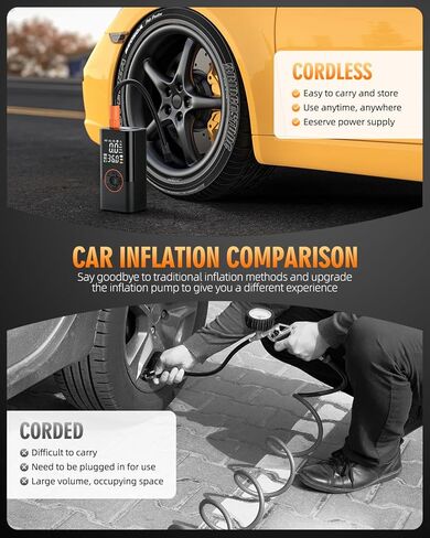 Tire Inflator Portable Air Compressor - Cordless Air Pump for Car Tires with Pressure Gauge LED Light, Electric Bike Tire Pump for Cars, Motorcycles, Bicycles, Balls in Kuwait