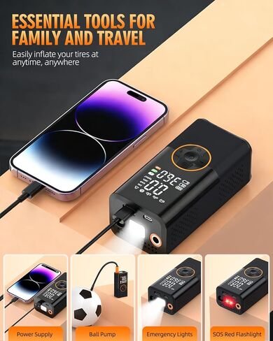 Tire Inflator Portable Air Compressor - Cordless Air Pump for Car Tires with Pressure Gauge LED Light, Electric Bike Tire Pump for Cars, Motorcycles, Bicycles, Balls in Kuwait