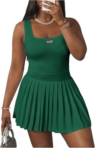 RoseSeek Women's Plus Size Tennis Dress Pleated A Line Mini Dresses Letter Square Neck Sleeveless Tank Athletic Dress in Kuwait
