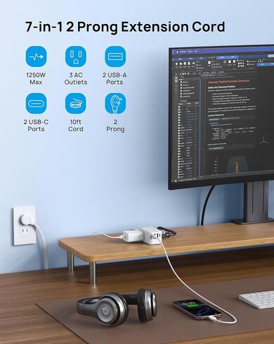 شريط طاقة TROND 2 Prong - محول مخرج 2 Prong إلى 3 Prong، شريط طاقة مسطح USB C بقدرة 20 وات، سلك تمديد مسطح للغاية بطول 5 أقدام، 1250 وات، 3 منافذ و4 USB، حامل على الحائط، تصميم ثلاثي الجوانب، مثالي للمنزل القديم in Kuwait