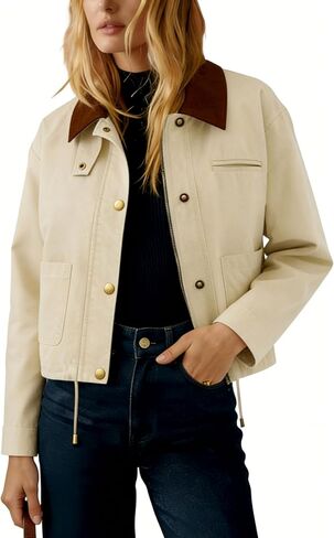 Womens Cropped Zipper Jackets Contrast Collar Casual Button Varsity Shackets Outwear with Pockets in Saudi Arabia