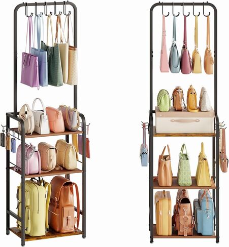 Large Tall Purse Organizer for Closet with 14 Purse Hanger, Double Rods Purse Rack Stand with 8 Side Hooks, 5-Tier Handbag Organizer Shelf, Space-Saving Purse Storage Organizer for Small Place in Saudi Arabia
