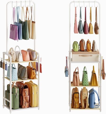 Large Tall Purse Organizer for Closet with 14 Purse Hanger, Double Rods Purse Rack Stand with 8 Side Hooks, 5-Tier Handbag Organizer Shelf, Space-Saving Purse Storage Organizer for Small Place in Saudi Arabia