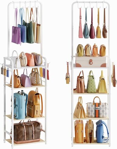 Large Tall Purse Organizer for Closet with 14 Purse Hanger, Double Rods Purse Rack Stand with 8 Side Hooks, 5-Tier Handbag Organizer Shelf, Space-Saving Purse Storage Organizer for Small Place in Saudi Arabia