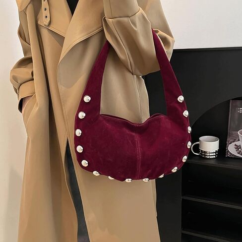 Suede Purse Studded Hobo Shoulder Suede Bag for Women Crescent Purse Soft Underarm Bag with Silver Ball Rivets Trendy Alt in Saudi Arabia