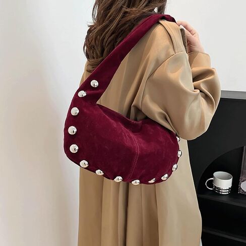 Suede Purse Studded Hobo Shoulder Suede Bag for Women Crescent Purse Soft Underarm Bag with Silver Ball Rivets Trendy Alt in Saudi Arabia