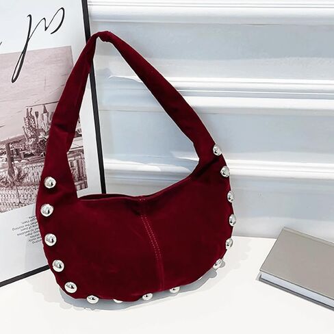 Suede Purse Studded Hobo Shoulder Suede Bag for Women Crescent Purse Soft Underarm Bag with Silver Ball Rivets Trendy Alt in Saudi Arabia